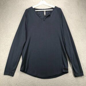 ALPHALETE Shirt Mens LARGE Dark Blue Henley Long‎ Sleeve Stretch Activewear Top